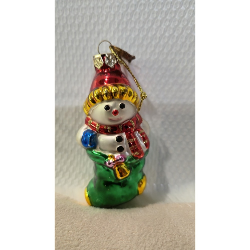 Vintage Thomas Pacconi Blown Glass Snowman in Stocking Christmas Ornament 3.5"